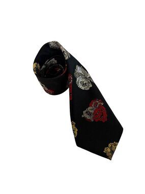 Vintage Montgomery Ward Black Red White Yellow Floral Tie Polyester Mens Necktie